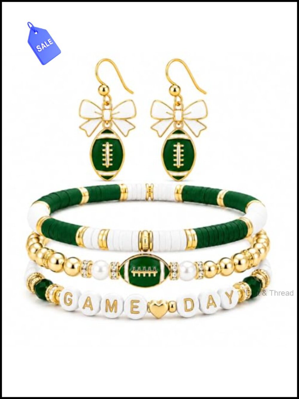 Football Charm Bracelet Earrings Set Beaded Game Day Sports Jewelry Gift